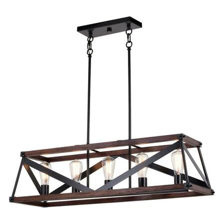 PERFECTTWINKLE Wade 36 in. 5 Light Linear Chandelier, Matte Black & Sycamore Wood PE3265504